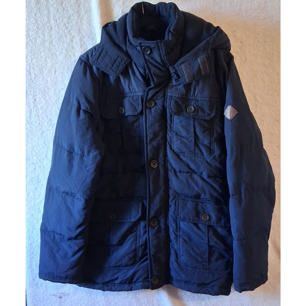 Hollister Men's Hooded Puffer Parka Jacket Navy Blue Utility Pockets Size Large